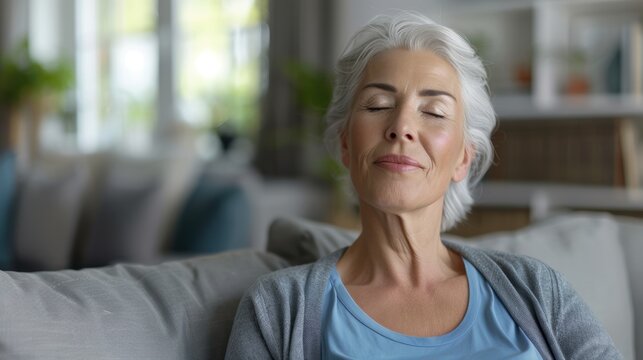 Older woman engages in guided meditation for mental wellness and tranquility