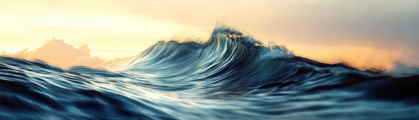 A serene ocean wave captures the beauty of nature, reflecting the colors of the sunset in a tranquil coastal scene.