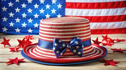 Obraz premium Vintage red, white, and blue star-spangled hat adorned with festive ribbons, stripes, and patriotic accents, perfect for celebrating Independence Day or summer outings.