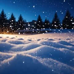 Cute Christmas night landscape covered with fresh snow. Wonderful winter village. New Year Christmas atmosphere. Festive enchanting winter wonderland. Snowflakes, snowdrifts and hills. AI generated