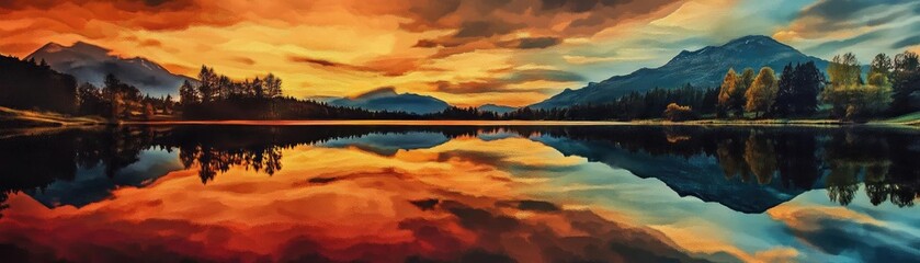 Obraz premium Stunning sunset over a tranquil lake, with vibrant colors reflecting on the water's surface, surrounded by majestic mountains.