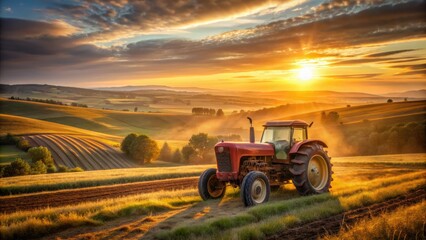 Fototapeta premium Vintage tractor stands alone in a vast, open field, bathed in warm, golden light as the sun rises over the rolling hills of a rural landscape.