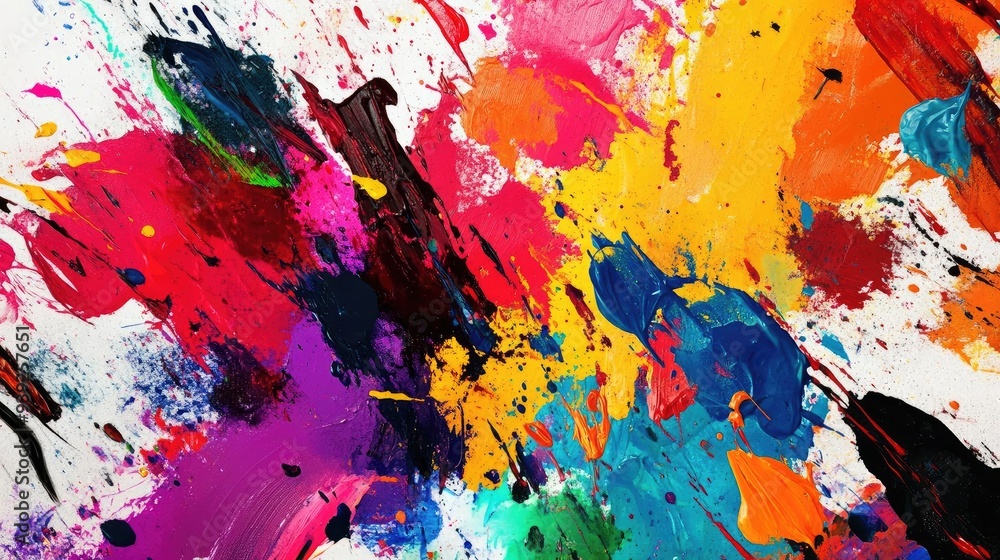 Poster vibrant abstract painting with dynamic splashes of color, creating an energetic and expressive visua