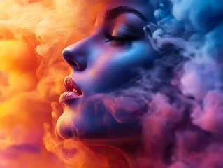 Fototapeta premium Surreal Portrait of Woman Amidst Colorful Smoke - Artistic Blend of Vibrant Colors and Calm Expression