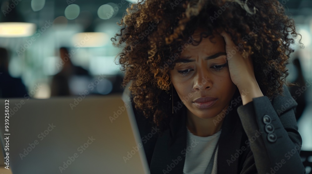 Poster overwhelmed analyst typing on laptop while dealing with a headache, making errors in data analysis, 