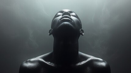 A serene individual embraces tranquility while surrounded by soft light and shadows