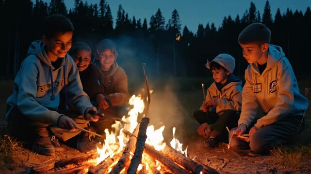 A group of children gathers around a warm campfire, roasting marshmallows and enjoying each other's company in a serene forest setting.