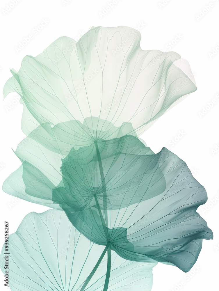 Poster delicate translucent leaves in soft green tones, layered softly to create a serene botanical composi