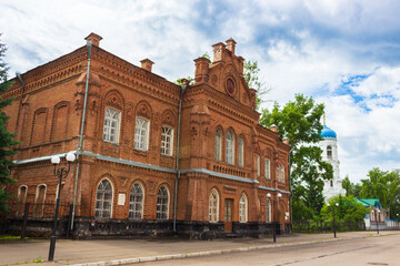 Building of former men's real school named after A.S. Pushkin at Biysk, Russia. Built in 1902. The building is a monument of architecture and cultural history.