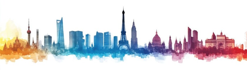 Obraz premium Vibrant skyline silhouette featuring iconic landmarks from various cities around the world, showcasing a colorful artistic rendition.