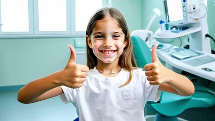 A cheerful girl shows her enthusiasm during a trip to the dentist, happily giving a thumbs up in a bright dental office.