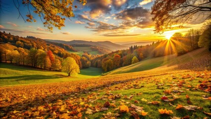 Warm golden light bathes a serene autumnal landscape of rustling grass and fallen leaves scattered across a vast, rolling hillside field on a crisp fall day.