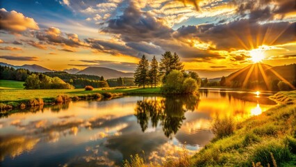 Obraz premium Warm golden light illuminates a serene landscape as the sun sets, marking the end of daylight savings time with a tranquil, peaceful atmosphere.