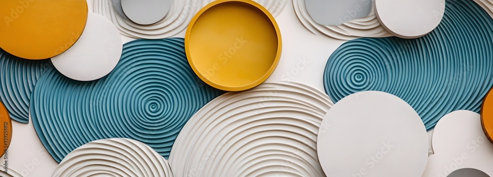 Poster 18. abstract 3d wall art featuring floating geometric patterns over a textured ceramic circle surfac