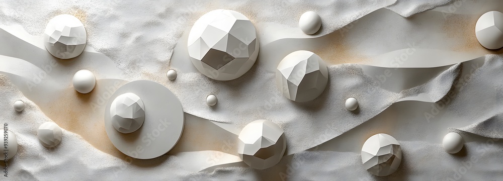 Poster 18. abstract 3d wall art featuring floating geometric patterns over a textured ceramic circle surfac