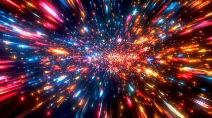 Fototapeta premium Colorful light burst fills the space with vibrant energy. This abstract design showcases dynamic movement and vivid hues. Perfect for digital art, backgrounds, or creative projects. AI