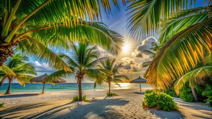 Fototapeta premium Warm sunlight filters through lush green palm fronds, casting a natural umbrella of shade on the sandy beach beneath, evoking a sense of tropical serenity.