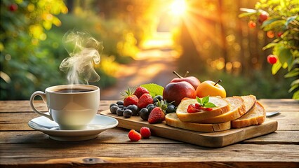 Warm sunlight illuminates a serene morning scene featuring a steaming cup of coffee, toast, and fresh fruit arranged artfully on a rustic wooden table.