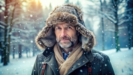 Fototapeta premium Warmly dressed adult male wearing a thick winter hat and coat, standing outdoors in a snowy landscape, with a gentle snowfall surrounding him.