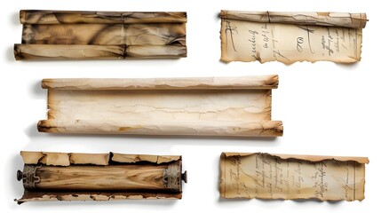 a collection of old parchment scrolls with cutouts
