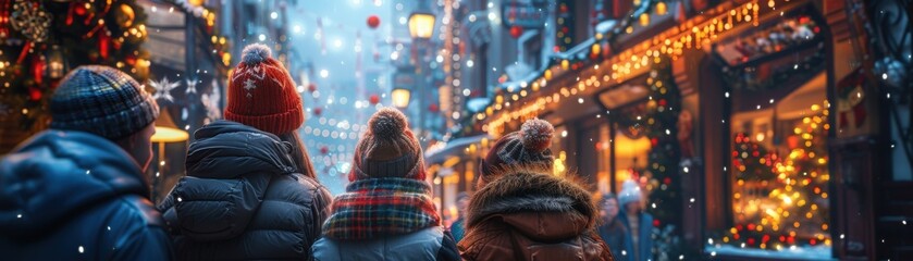 Fototapeta premium People enjoying a festive street with holiday decorations, Christmas lights, and snow, creating a cozy winter atmosphere.