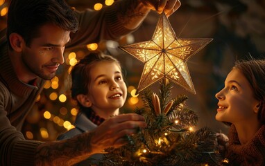 Family decorating Christmas tree with star topper, creating warm festive atmosphere with lights in background.