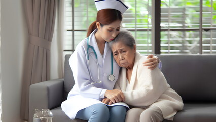 Fototapeta premium nurse doctor senior care caregiver help assistence retirement home nursing elderly sad depression alone