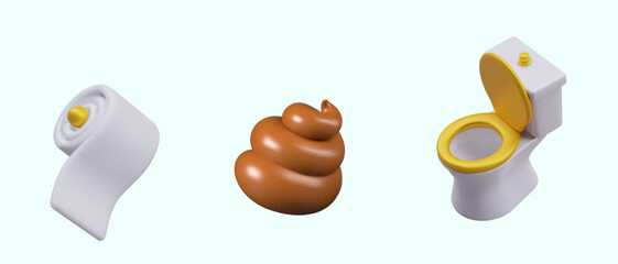 Set of toilet icons. 3D toilet paper, brown poop, ceramic loo
