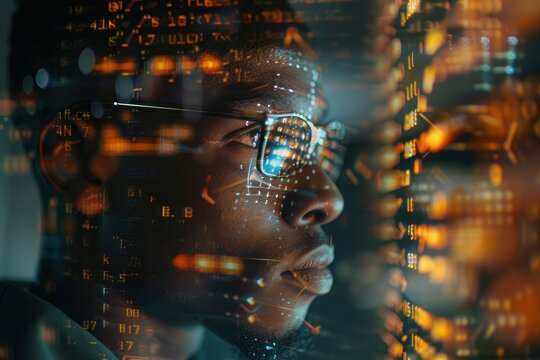 Holographic representation of a male programmer engaged in coding, focusing on cybersecurity and futuristic communication strategies