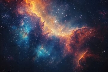 Fototapeta premium A vibrant cosmic nebula filled with swirling clouds of gas and dust in deep space, illuminated by distant stars, showcasing the universe's beauty.