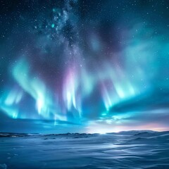 Naklejka premium Stunning view of the Northern Lights illuminating the night sky over a snowy landscape, showcasing the beauty of natural wonders in arctic regions.