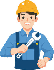 Smiling Builder jpg Auto Mechanic Icon Vector png Illustration of Male Engineer Repairman Hard Hat Plumber in Holding Wrench Construction Services Maintenance Industrial Logo type white background eps