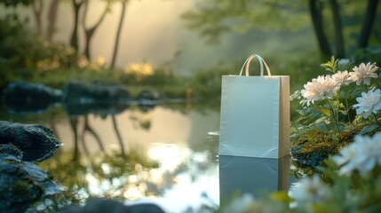 A serene garden has a paper bag by a calm pond, encircled by flowers