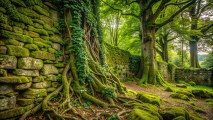 Weathered cobblestone wall with aged mortar and lush green ivy crawling up its rustic surface, surrounded by ancient trees and overgrown with moss.