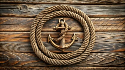 Weathered rope surrounds a bronze emblem featuring an anchors and ropes motif, symbolizing nautical strength, resilience, and unity against a distressed wooden background.