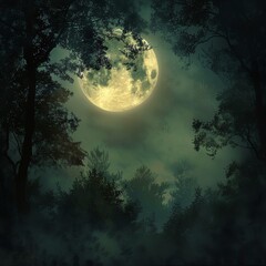 Mysterious moonlit forest with dark trees and a glowing full moon in a foggy night sky, creating an eerie magical atmosphere.