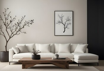 A minimalist living room with a large white sofa, a black framed artwork on the wall depicting a tree branch, and a wooden coffee table in the foreground.