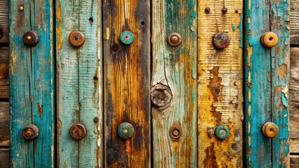 Fototapeta premium Weathered wooden planks with cracked paint and rusty screws create a distressed, grungy background with a worn, vintage aesthetic, evoking a sense of aged decay.