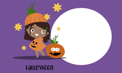 Fototapeta premium Halloween banner with girl in carnival pumpkin costume for halloween party. Vector invitation for Halloween