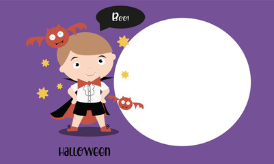 Halloween bannerwith boy in carnival dracula costume for halloween party. Vector invitation for Halloween