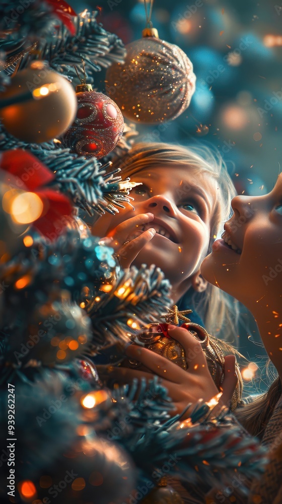 Poster a child and parent smiling while decorating the christmas tree with bright ornaments and sparkling l