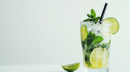 a refreshing mojito cocktail with lime and mint, set against a white background.