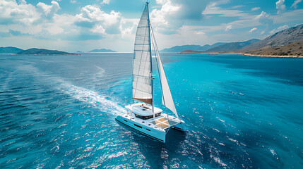 Naklejka premium Drone viwe Yacht catamaran sailing on the sea with clear blue sky