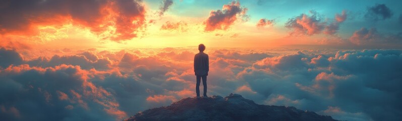 Obraz premium Man standing on a mountain looking at the sky, travel concept, banner, copy space