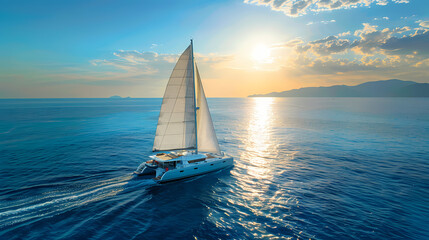 Obraz premium Drone viwe Yacht catamaran sailing on the sea with clear blue sky