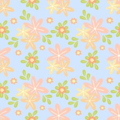 Flowers and leaves seamless pattern. Flower simple minimalistic seamless pattern graphic design for paper, textile print, page fill. Floral background with hand drawn wild flowers, herbs and leaves. 