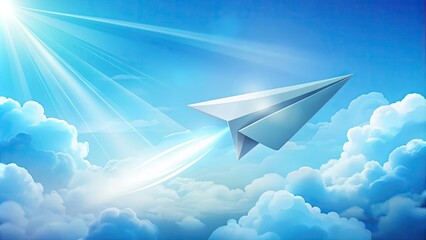 Whimsical illustration of a vibrant paper airplane soaring through a bright blue sky with fluffy white clouds and a subtle gradient background.