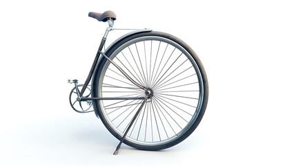 A retro bicycle with a large front wheel and a small rear wheel, isolated on a white background.