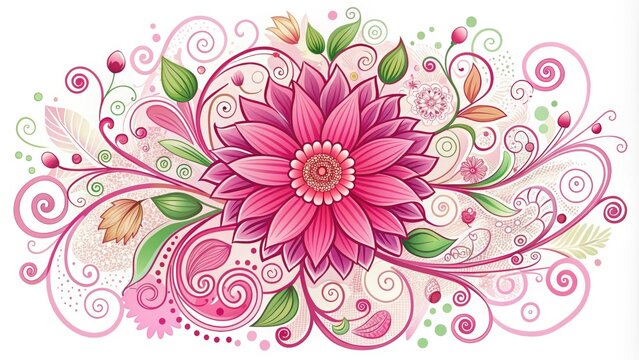 Whimsical vector illustration of a bright pink flower surrounded by playful doodle elements, swirling patterns, and delicate lines on a soft white background.