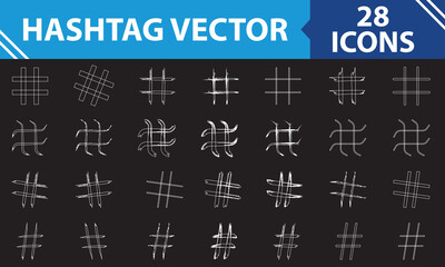 Hashtag vector hand drawn white icons set for social network or internet application. Hashtag ink paint brush stroke line symbols. isolated on black background. Vector Illustration. EPS 10